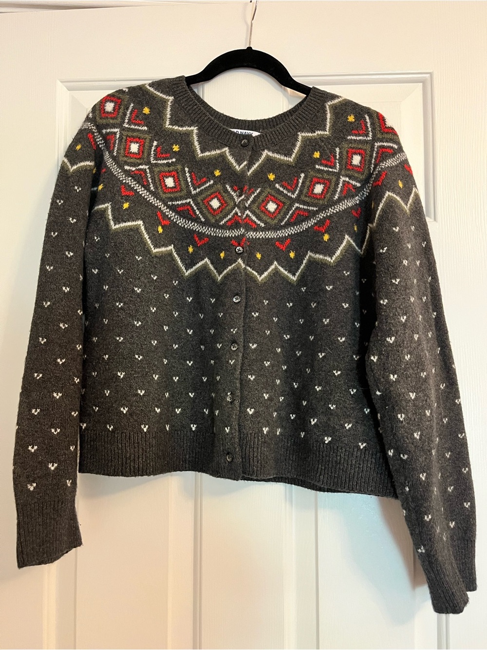 Old Navy Gray Fair Isle Button-Front Cardigan with Red & Yellow Accents